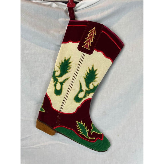 Red and white cream velvet Cowboy boot Christmas stocking country western theme