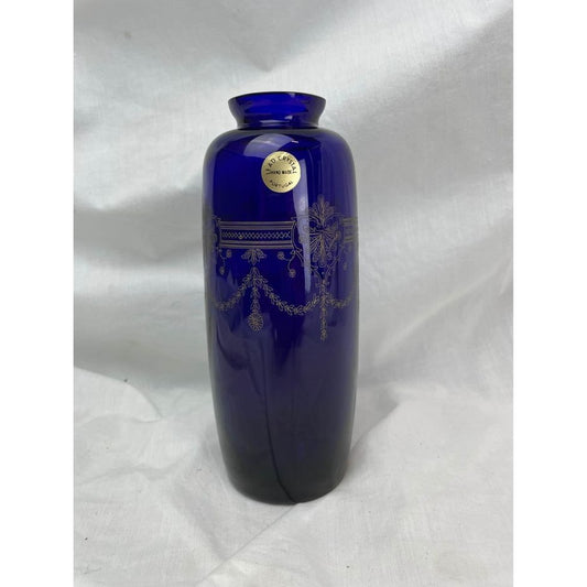 Vintage blue lead crystal hand made Portugal gold etched vase