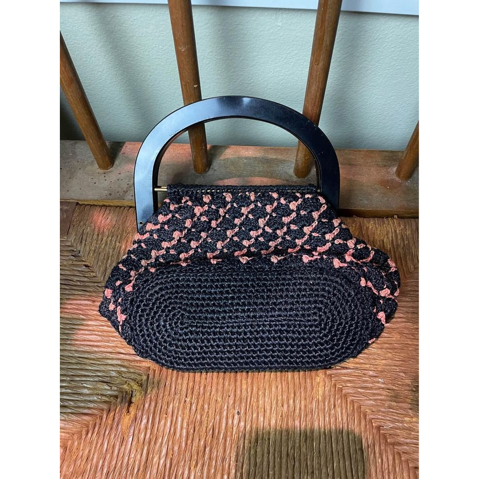 Vintage black pink macrame purse w/ black handles