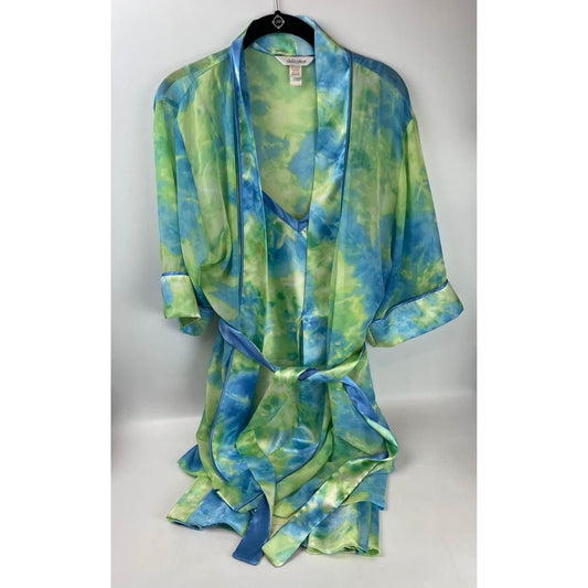 Delicates tie dye blue and green Chemise Babydoll Slip NightGown and robe Medium