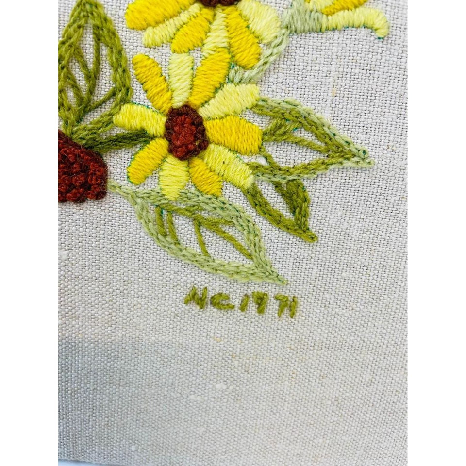 Vintage 1971 needlepoint embroidery owl with yellow flowers artwork mid century 1970s