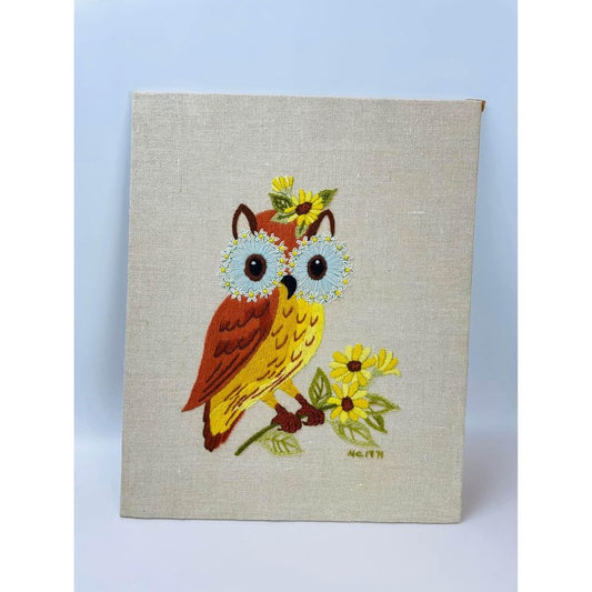 Vintage 1971 needlepoint embroidery owl with yellow flowers artwork mid century 1970s