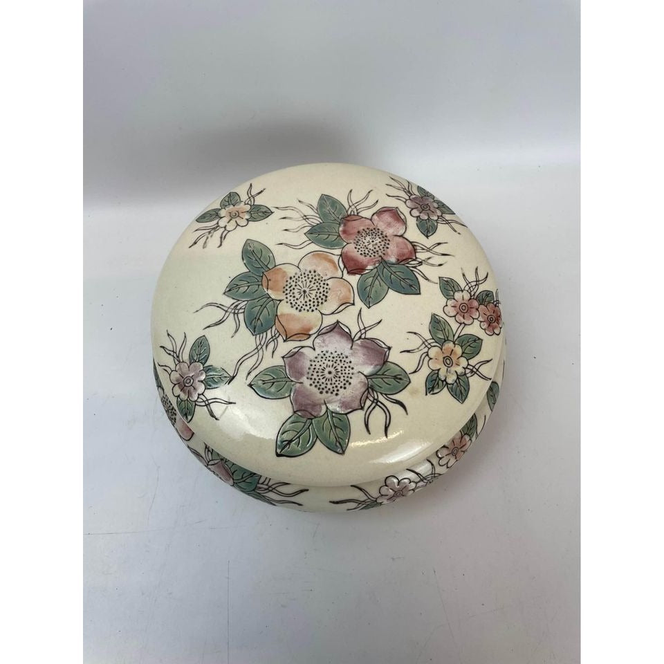 Large round white floral cherry blossom ceramic flat powder jar trinket dish vanity storage decor