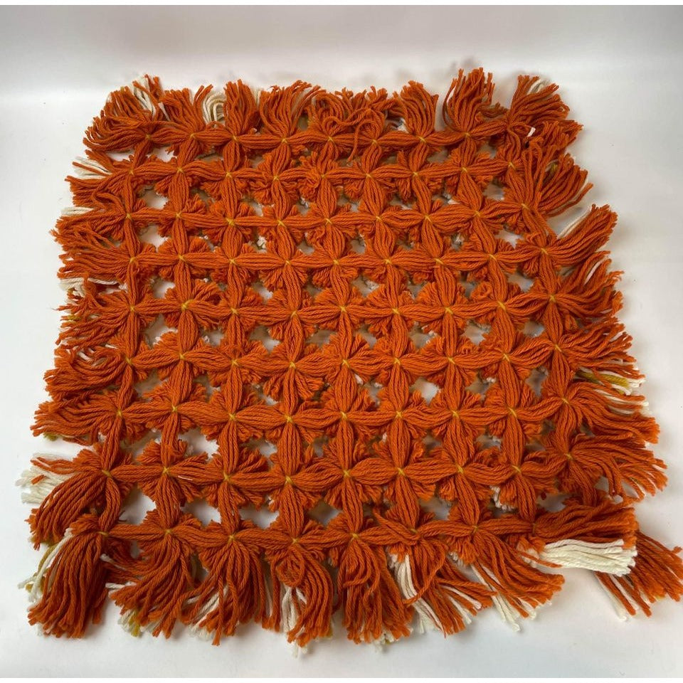 Gold white and orange pom pom fringe square mat seat cover