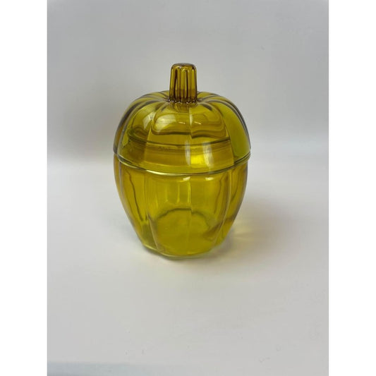 Anchor Hocking yellow glass pumpkin jar with lid