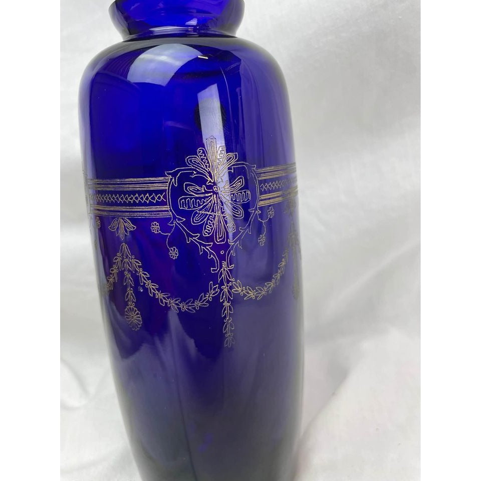 Vintage blue lead crystal hand made Portugal gold etched vase