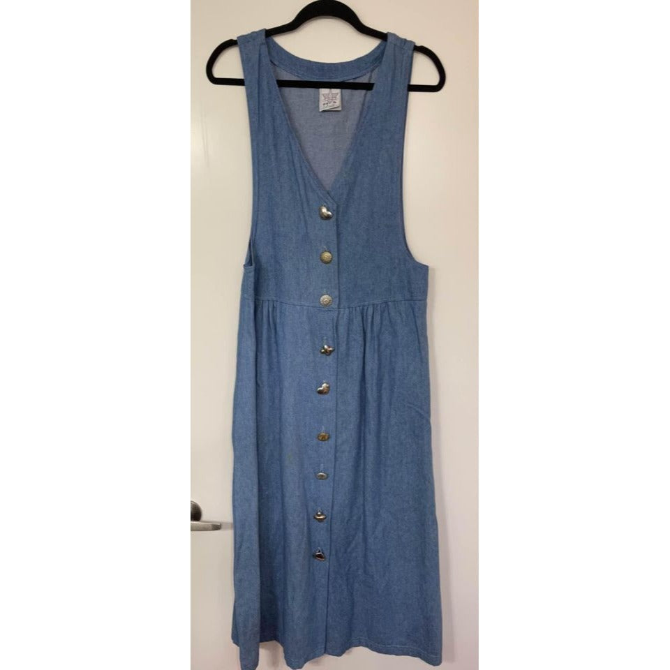 Vintage long jean denim button down dress KWBL Los Angeles Size medium metal heart buttons