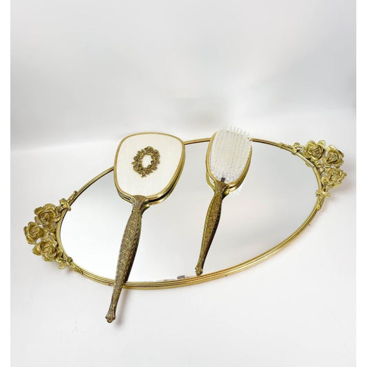 Vintage Gold tone Ornate Rose Wreath, Hand Mirror, mirrored tray & Brush Vanity Set