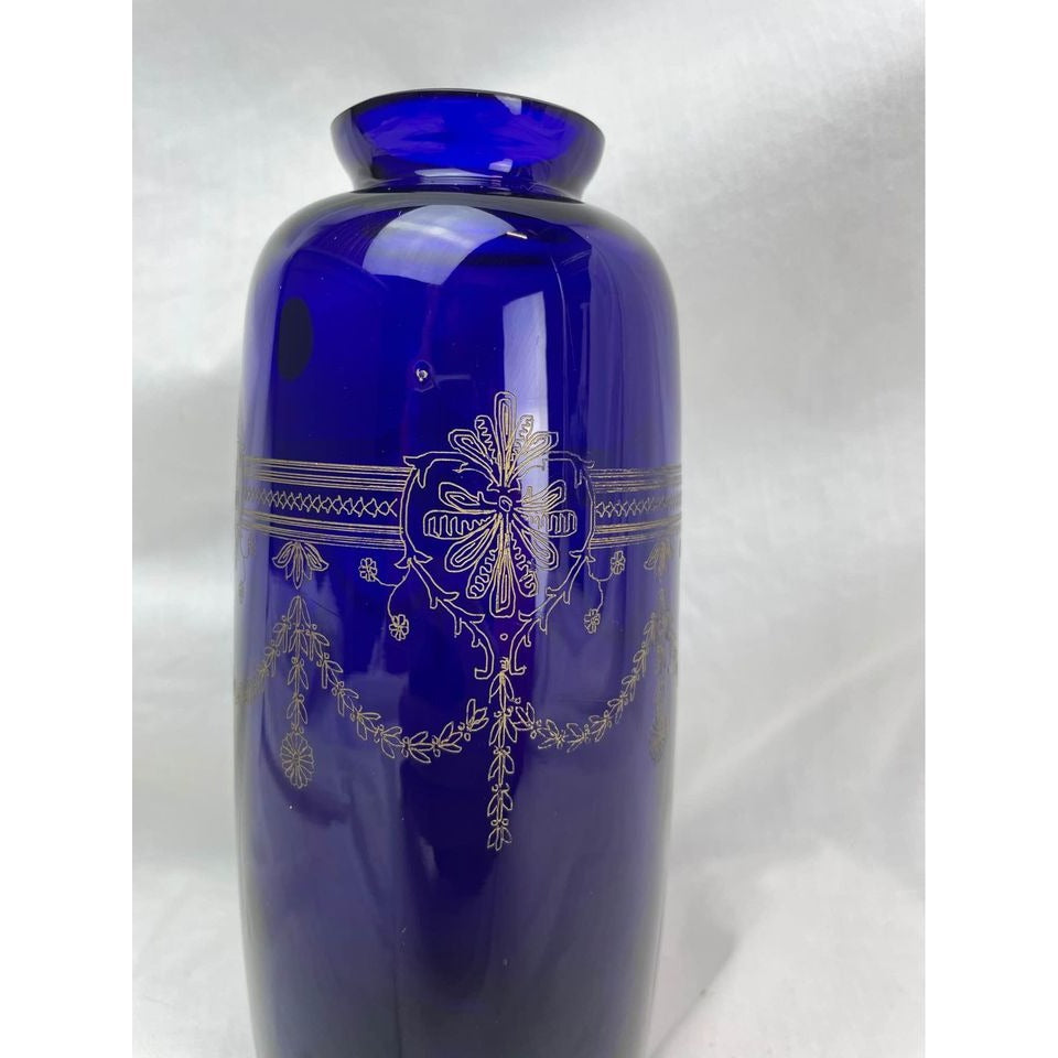 Vintage blue lead crystal hand made Portugal gold etched vase