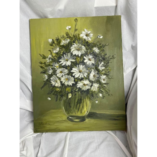 Vintage 1982 white flowers in a vase painting