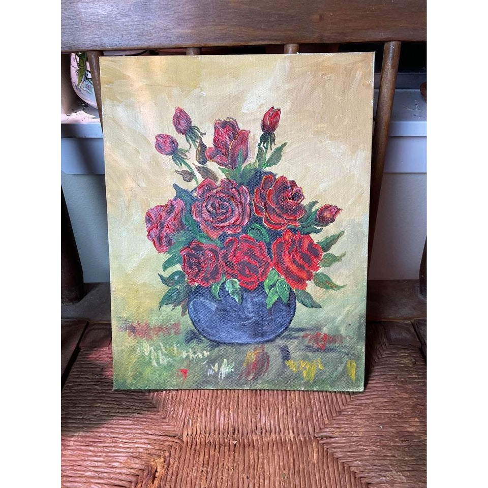 Hand painted red roses in vase on canvas panel flower painting