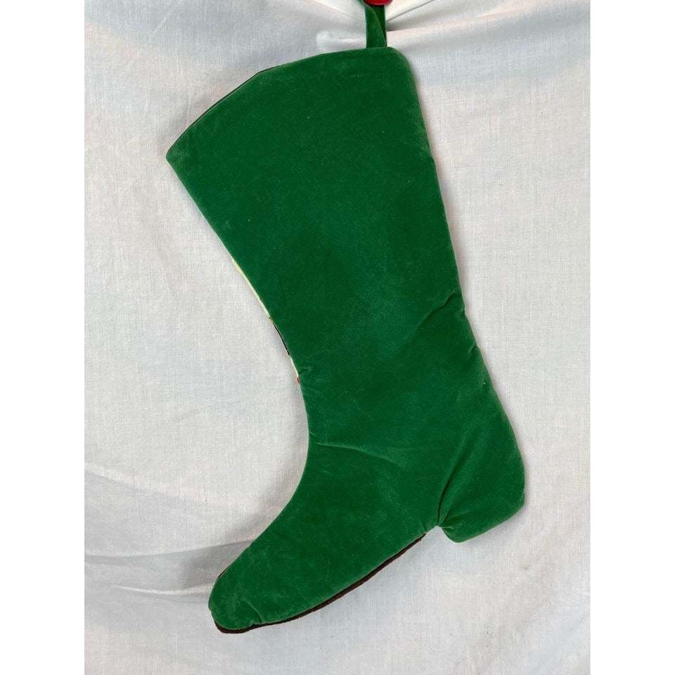 Green and white cream velvet Cowboy boot Christmas stocking country western theme