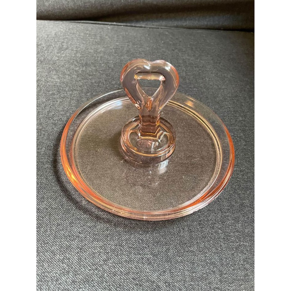 Pink Depression glass Heart Handle tidbit tray art Deco serving dish