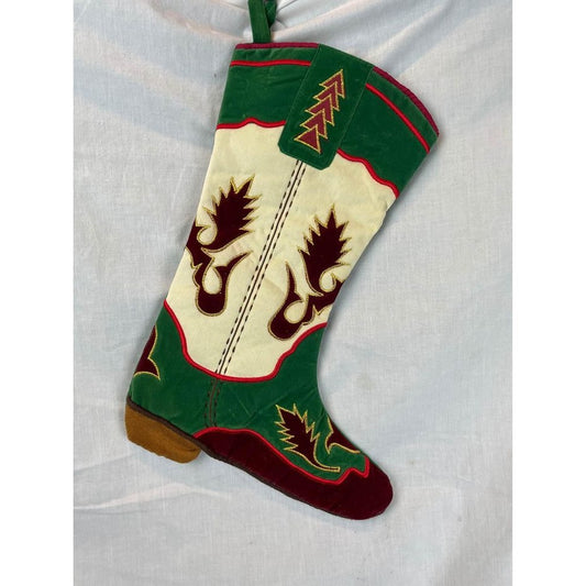 Green and white cream velvet Cowboy boot Christmas stocking country western theme