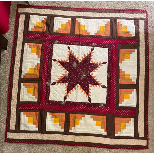 Red Orange yellow and white feathered star log cabin lap quilt