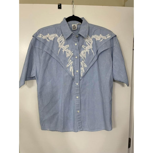 Vintage At Last & Company Size medium Denim Shirt beaded Short Sleeve Embellished Hearts