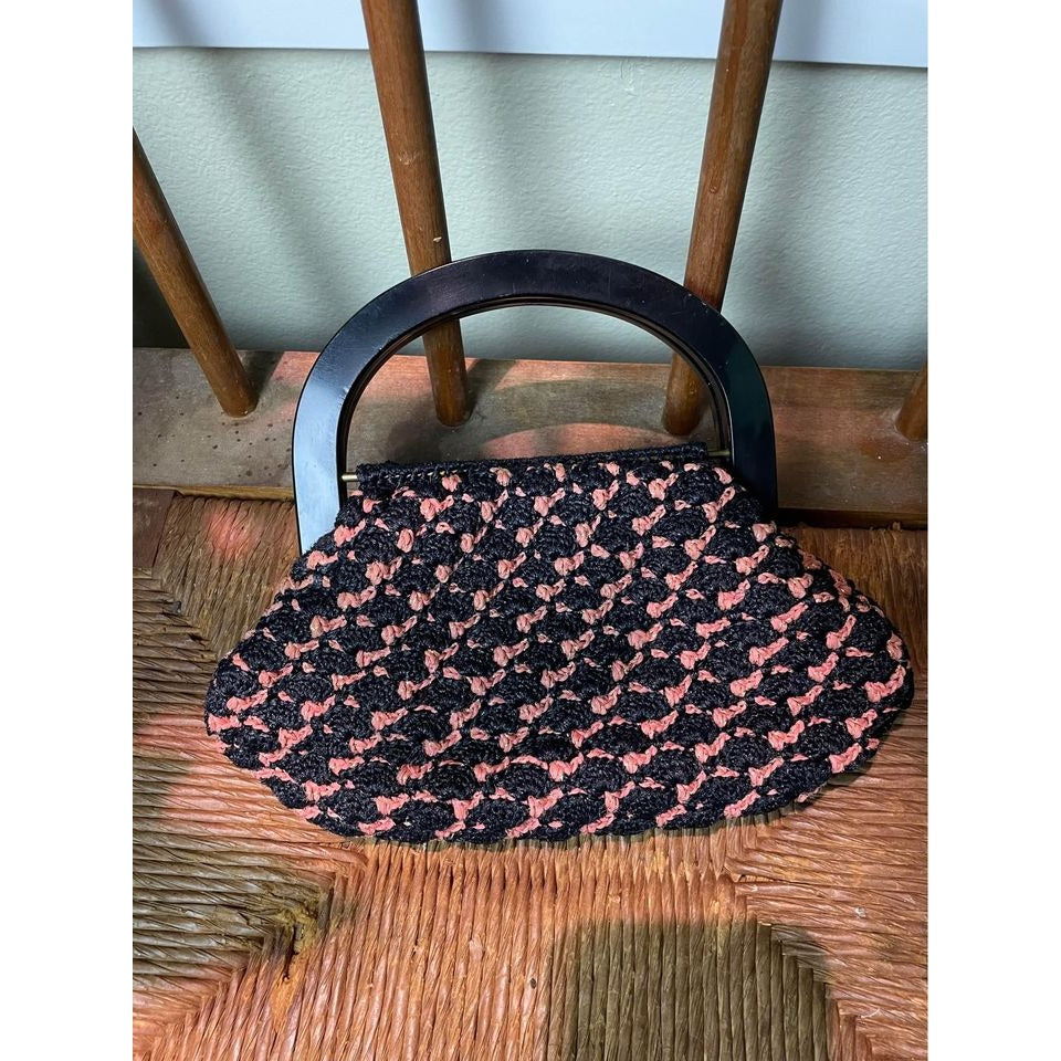 Vintage black pink macrame purse w/ black handles