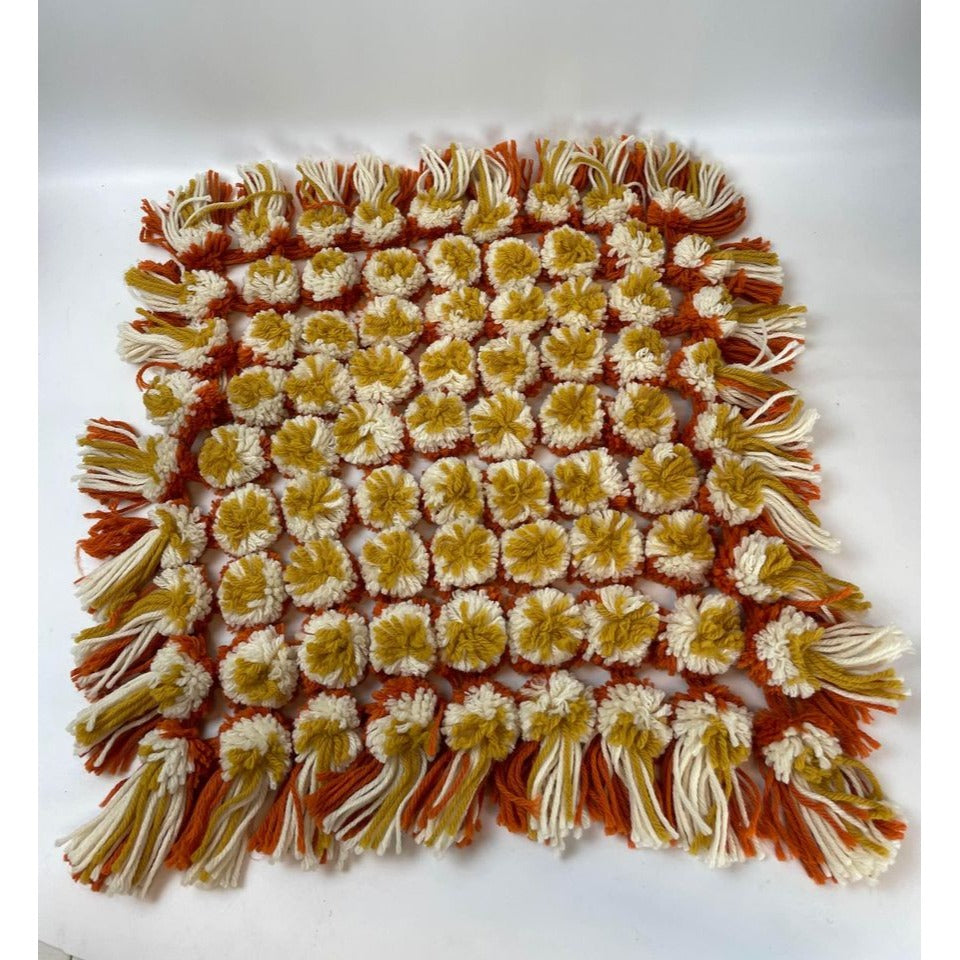 Gold white and orange pom pom fringe square mat seat cover