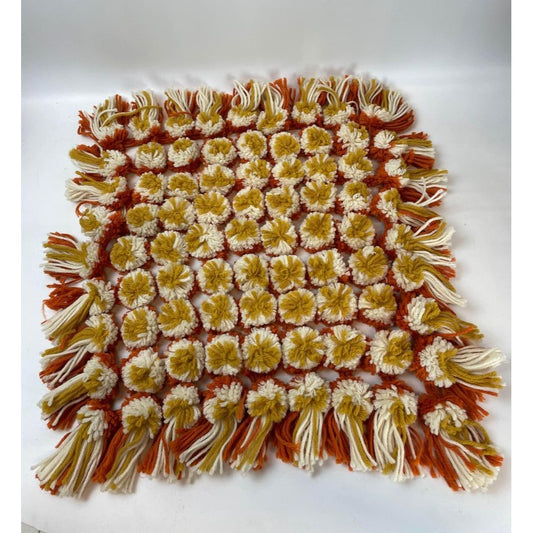 Gold white and orange pom pom fringe square mat seat cover