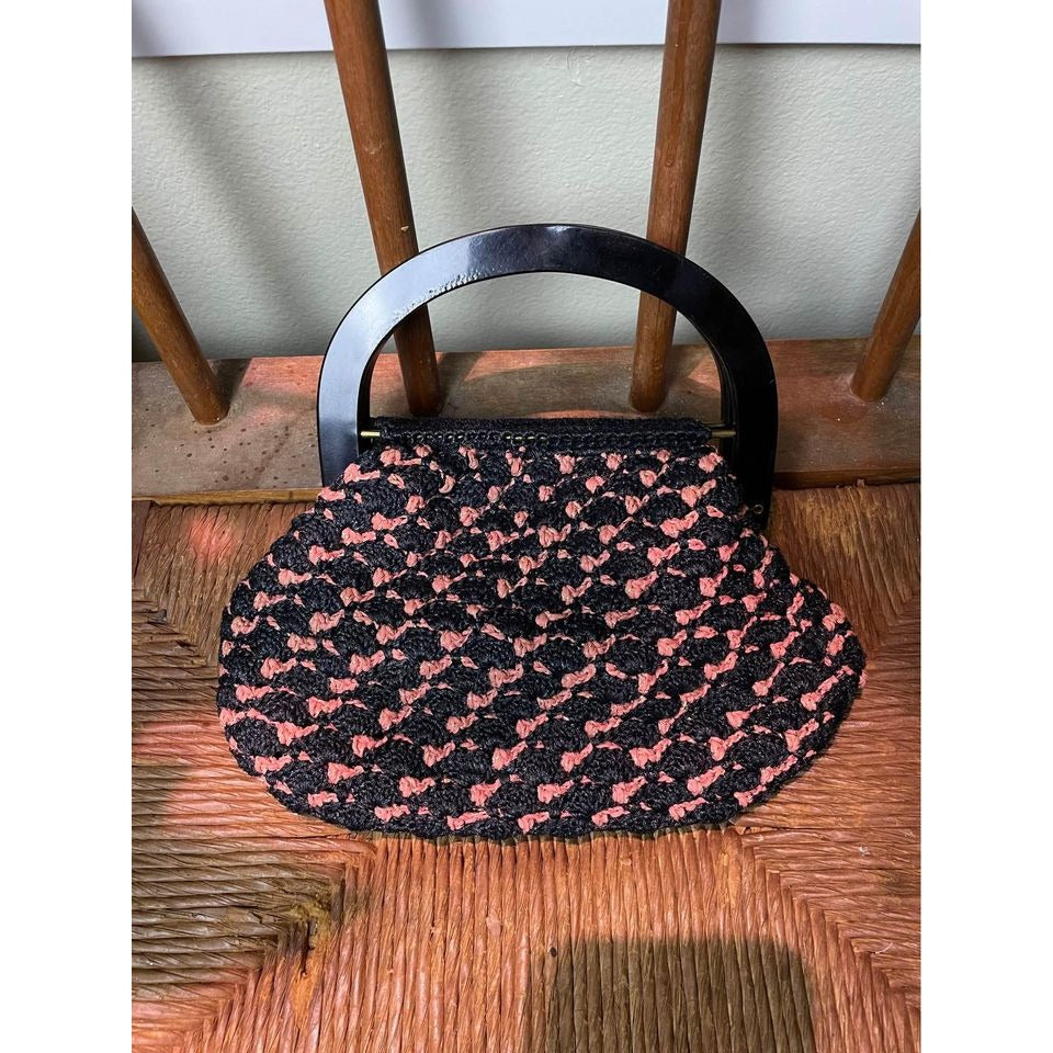 Vintage black pink macrame purse w/ black handles