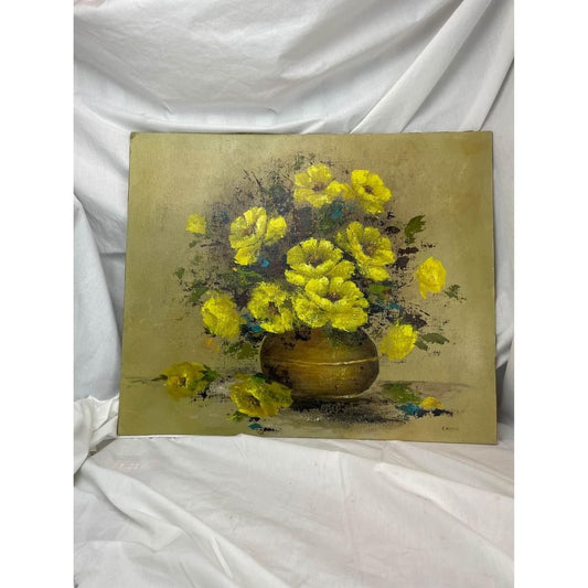 Hand painted and signed yellow flowers in vase painting on canvas board unbranded by Edith