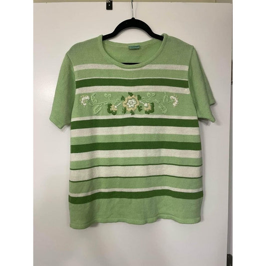 Sara Morgan Floral Embroidered Green Striped Pullover short sleeve Sweater Size medium style b8f