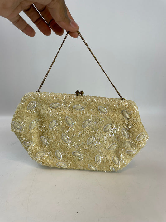 Vintage Josef Hand Beaded Cream French Evening Clutch Bag Sequins Satin Lining with mirror