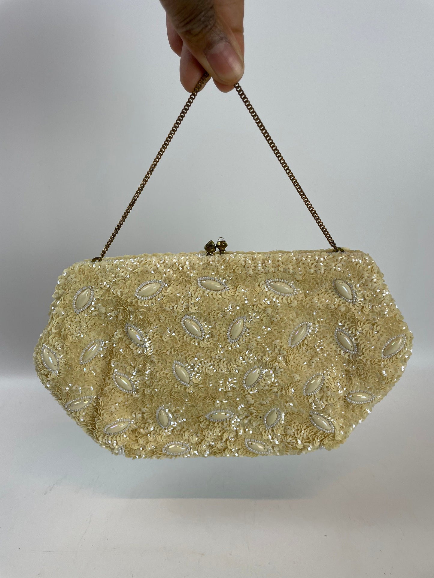 Vintage Josef Hand Beaded Cream French Evening Clutch Bag Sequins Satin Lining with mirror